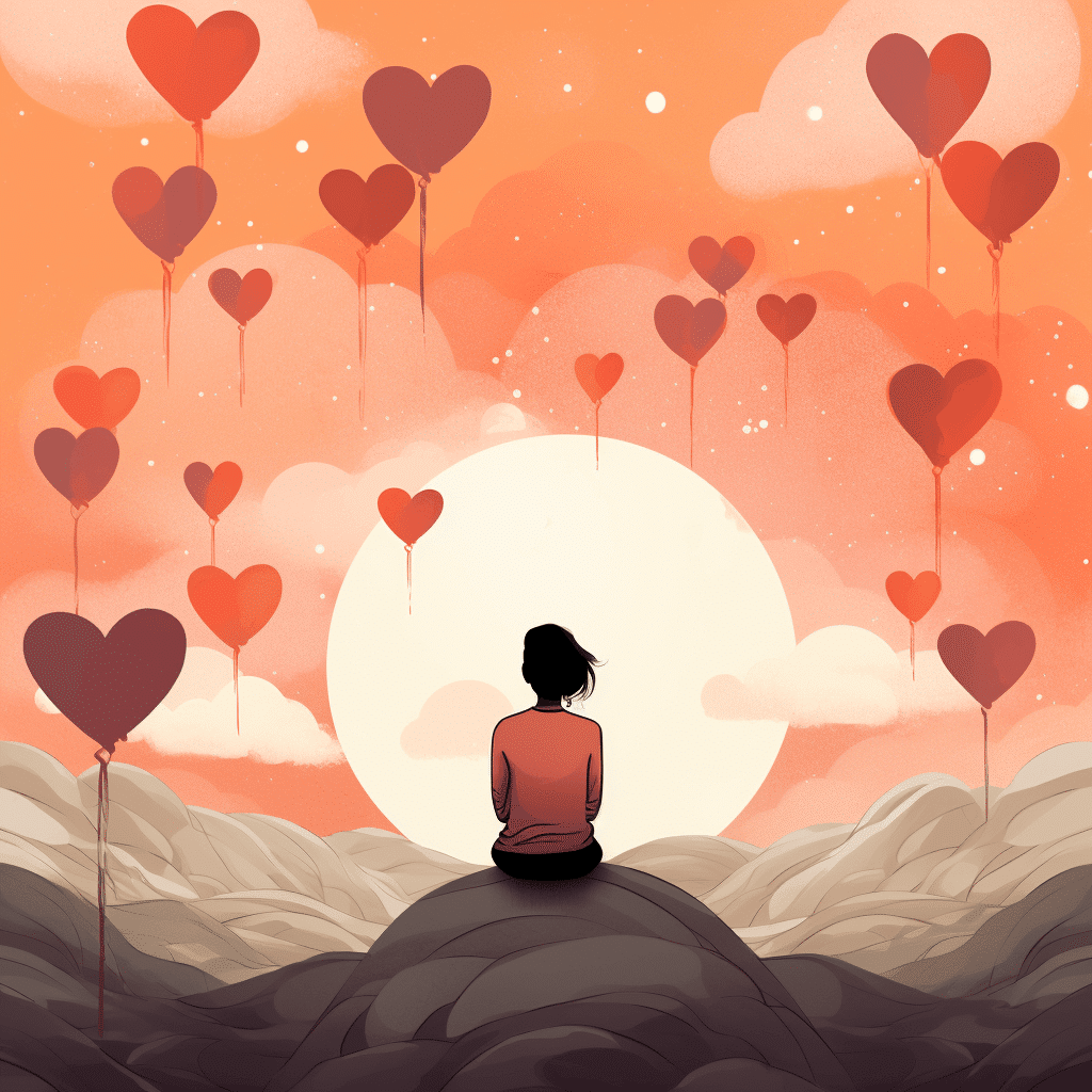 A woman sits on a hill watching heart-shaped balloons in the sky.