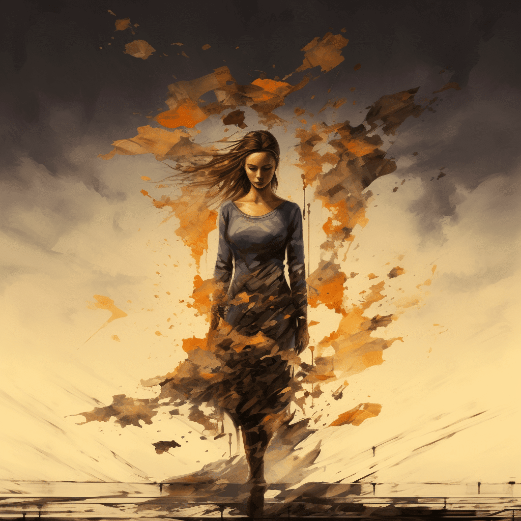 Illustration of a woman walking through a field of splattered leaves.